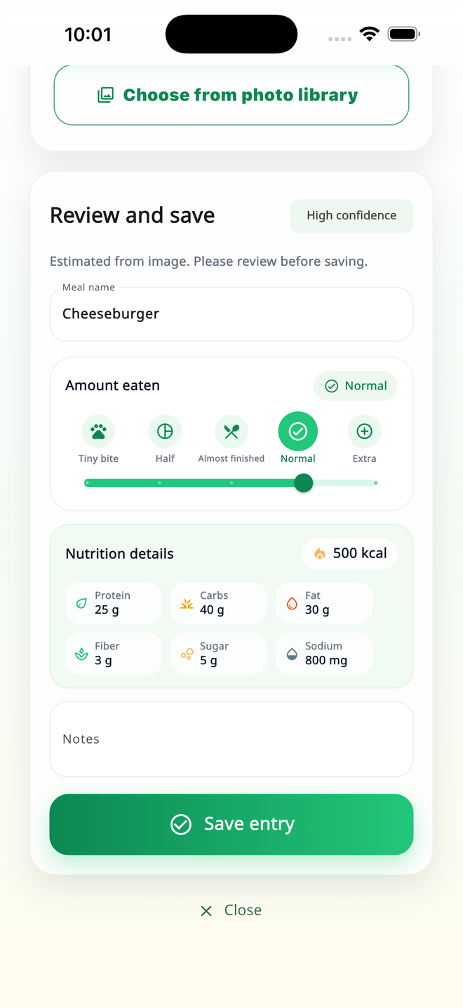 Kindee review and save meal screen
